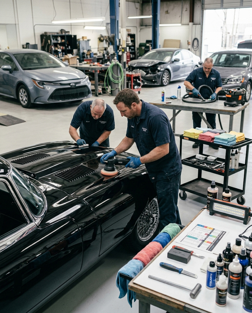 Polissage et esthétique automobile réalisés dans un atelier de carrosserie à Lévis.